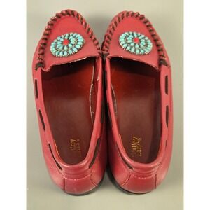 Valley Lane Vintage Red Leather Moccasin Loafers Turquoise Concho Womens 7.5